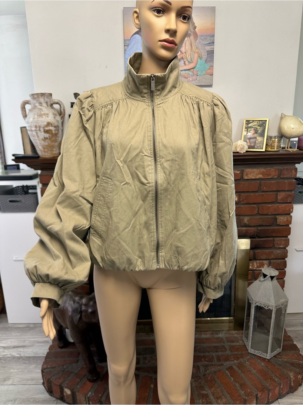 Women's Zip-Front Bomber Jacket in Khaki -large